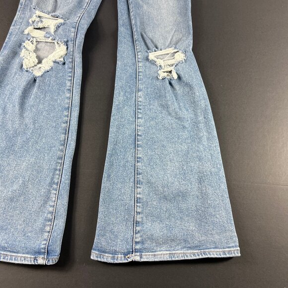 American Eagle Jean Women 27x30 Super Hi Rise Flare Blue Distressed Denim Tag 4L - Picture 5 of 16